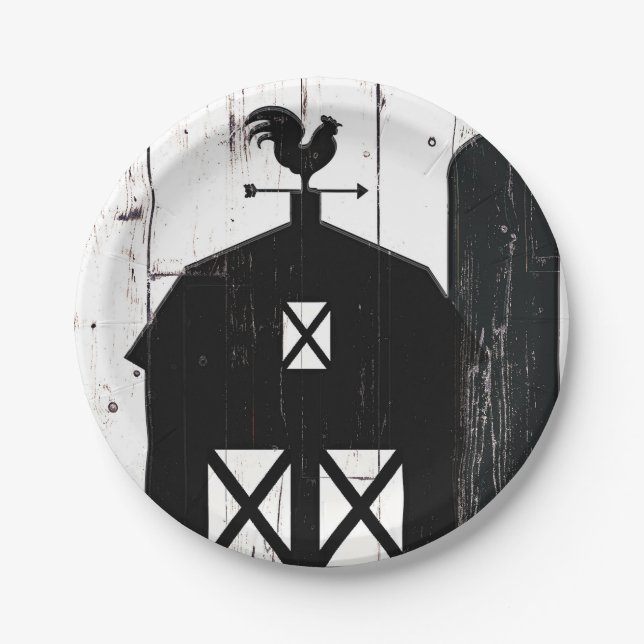 Black Barn White Wood Rustic Farmhouse Hochzeit Pappteller (Vorderseite)