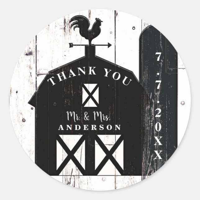 Black Barn White Wood Rustic Farmhouse Hochzeit Runder Aufkleber (Vorderseite)