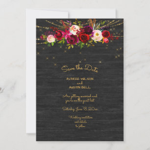Black Barnboard String Lights Burgundy Rose Save The Date