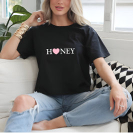 Black Basic Heart Honey Print T-Shirt