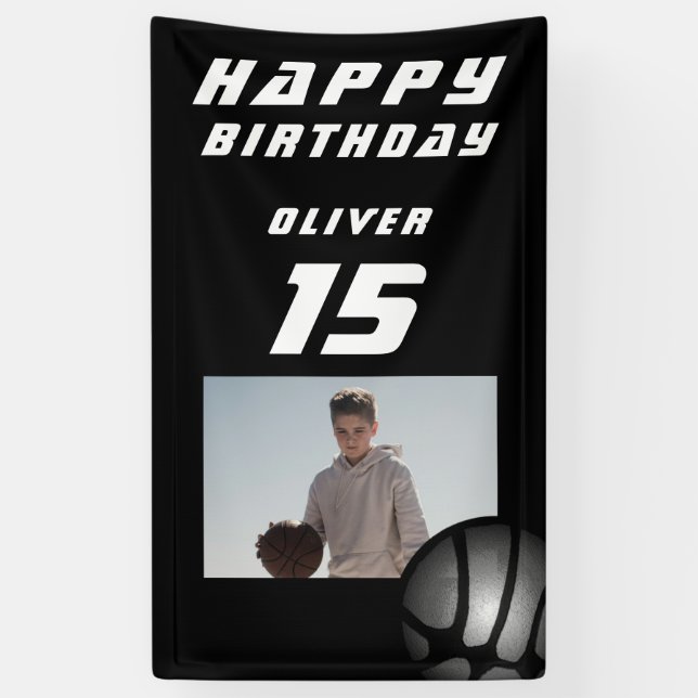 Black Basketball Ball Boy Foto Happy Birthday Banner (Vertikal)