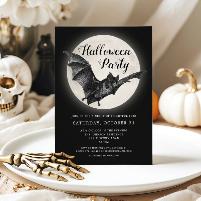 Black Bat Full Moon Halloween-Party Einladung (Black Bat Full Moon Halloween Party Invitation)