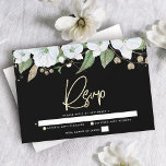 Black Bat Mitzvah Gold Script Floral Watercolor RSVP Karte<br><div class="desc">Seien Sie stolz, freuen Sie sich und feiern Sie diesen Meilenstein Ihres Lieblings-Bat Mitzvah mit dieser raffinierten, personalisierten UAWG Insert-Karte für Ihre Veranstaltung! Ein schicker, atemberaubender, weißer und goldener Glitzer mit floraler Aquarellfarbe mit Imitaten, Goldfolien-Schrift Typografie und weißer San-Serifenart überlagert einen dramatischen schwarzen Hintergrund. Zusätzliche Aquarellfarben-Blume und ein goldener Star...</div>