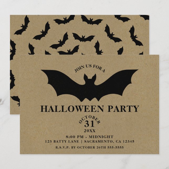 Black Bat Rustic Kraft Halloween-Party Einladung (Vorne/Hinten)
