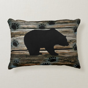 Black Bear Black Bear Paws Rustic Wood Dekokissen