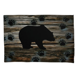 Black Bear Black Bear Paws Rustic Wood Kissenbezug