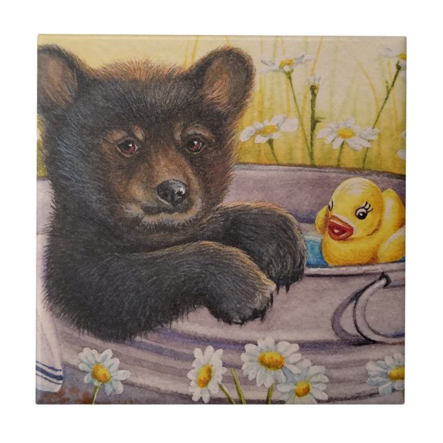 Black Bear Cub Waschen Badewanne Wasserfarbe Kunst Fliese (Vorderseite)