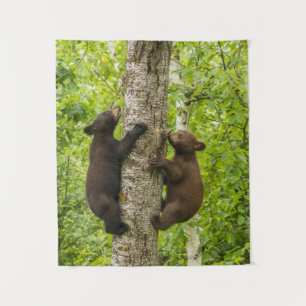 Black Bear Cubs Climbing Tree Wandteppich