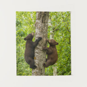 Black Bear Cubs Climbing Tree Wandteppich