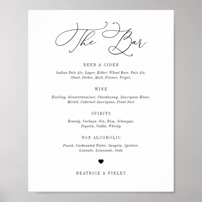 Black Beatrice Script Elegant Wedding Bar Menu Poster (Vorne)