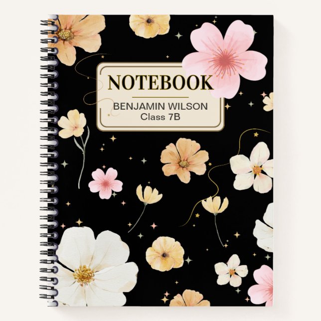 Black & Beige Floral Watercolor Spiralfolien Noteb Notizbuch (Vorderseite)