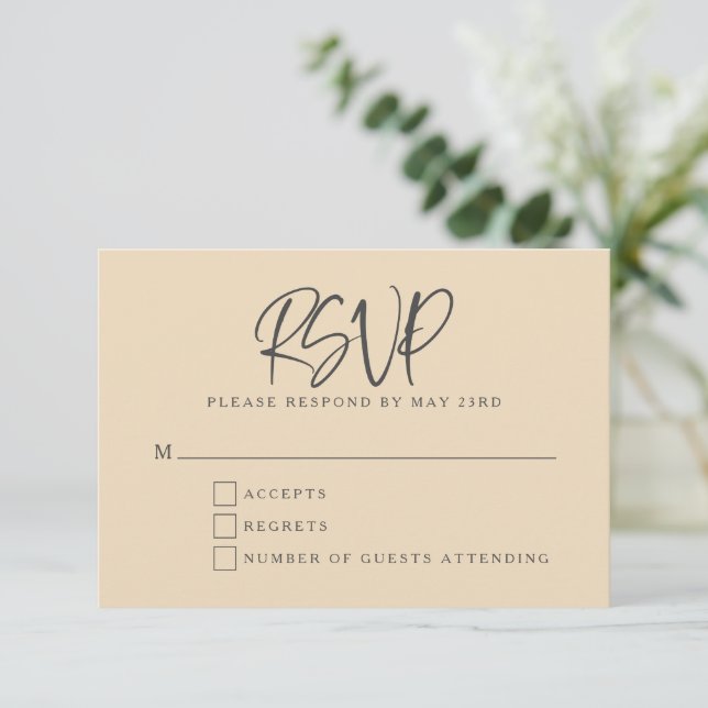 Black Beige Modern Script Lettering Wedding RSVP Karte (Stehend Vorderseite)