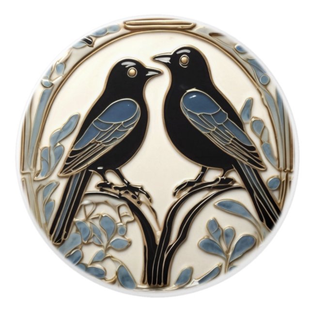 Black Birds Art Nouveau Bird Art Deco BlackBirds Keramikknauf (Vorderseite)