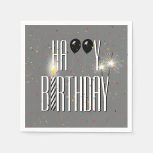 Black Birthday Balloons and Sparklers on Grau Serviette