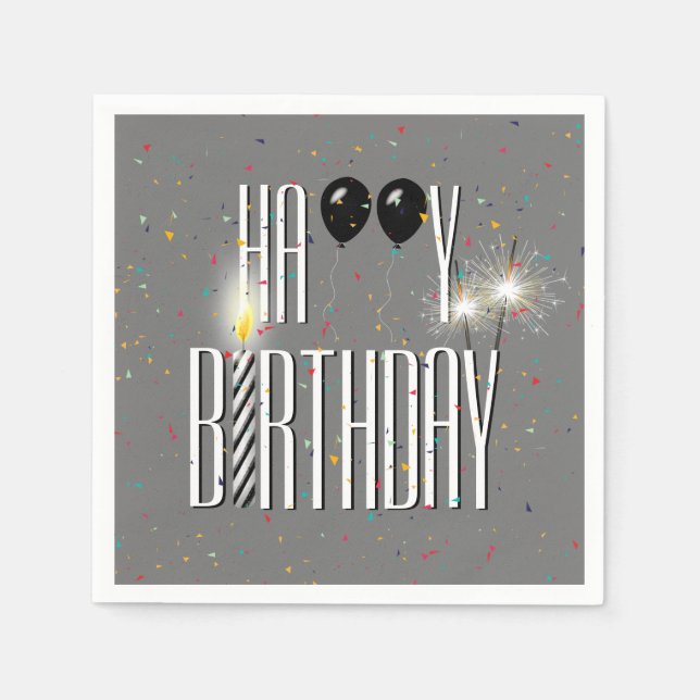 Black Birthday Balloons and Sparklers on Grau Serviette (Vorderseite)
