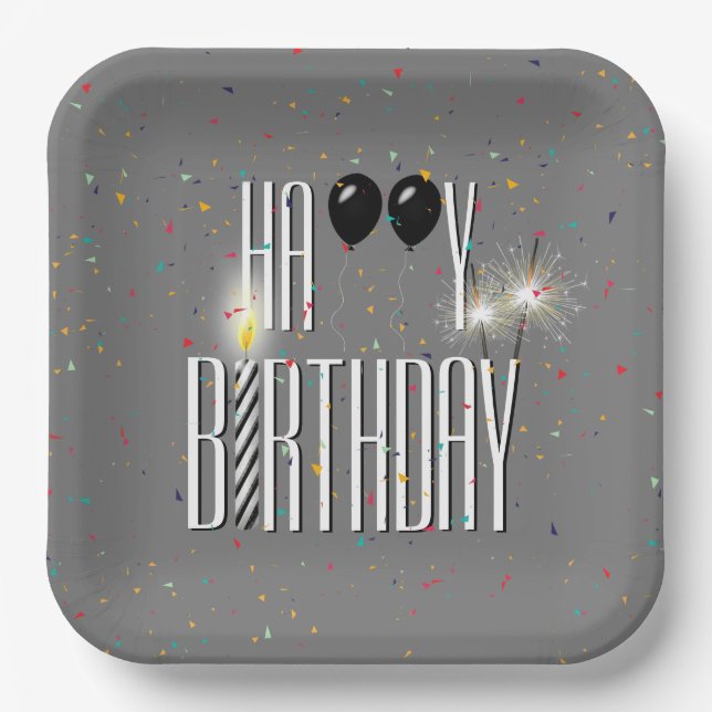 Black Birthday Balloons und Sparkler Pappteller (Vorderseite)