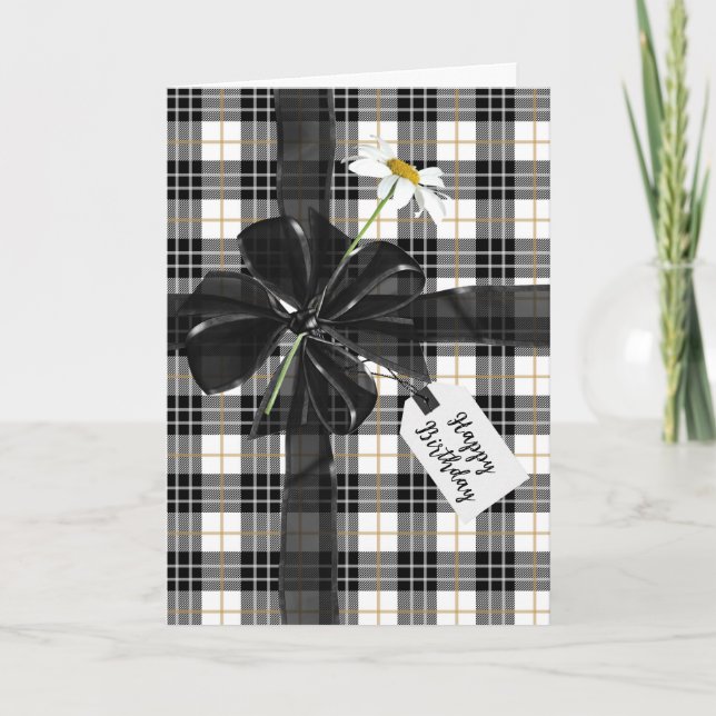 Black Birthday Bow auf Tartan Kariert Karte (Vorderseite)