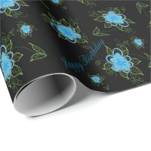 Black Birthday Geschenkwrap mit blauer Blume Geschenkpapier