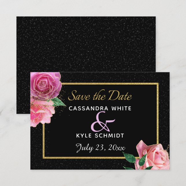 Black & Black Glitzer & Pink Roses Wedding Save The Date (Vorne/Hinten)