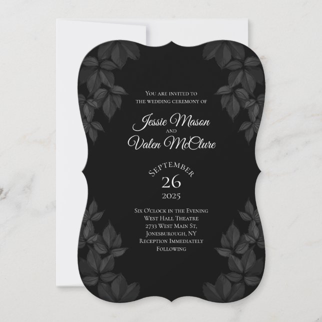 Black Blätter Gothic Wedding Einladung (Vorderseite)