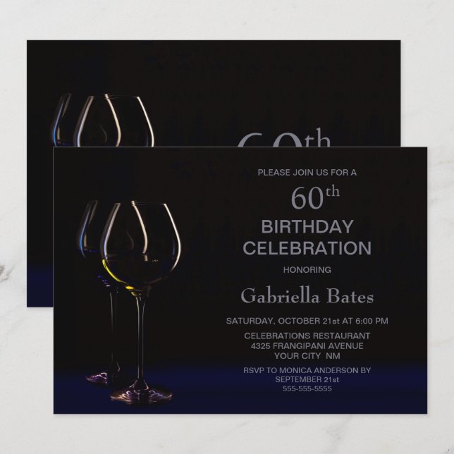 Black Blue 60. Geburtstag Weinglas Party Einladung (Vorne/Hinten)
