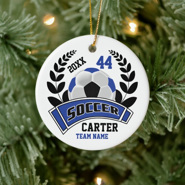 Black, Blue and White Personalize Soccer  ⚽ Keramik Ornament (Baum)
