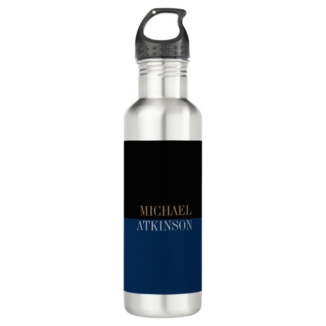 Black Blue Bold Text Trendy Stilvoll Ihr Name Edelstahlflasche (Vorderseite)