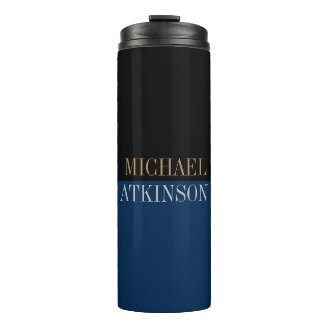 Black Blue Bold Text Trendy Stilvoll Ihr Name Thermosbecher (Vorderseite)