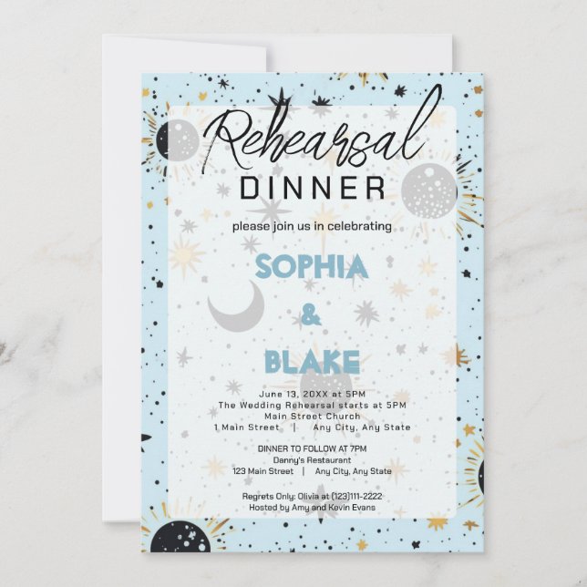 Black & Blue Celestial Hochzeit Probe Dinner Einladung (Vorderseite)