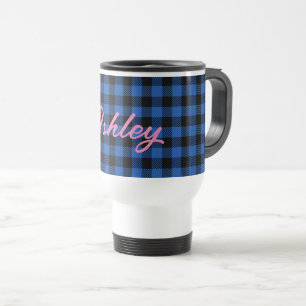 Black Blue Checkered Buffalo Muster Personalisie Reisebecher