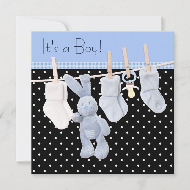 Black Blue Clothesline Baby Boy Dusche Einladung (Vorderseite)