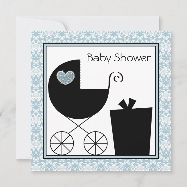 Black Blue Damask Baby Boy Shower Invitations (Devant)