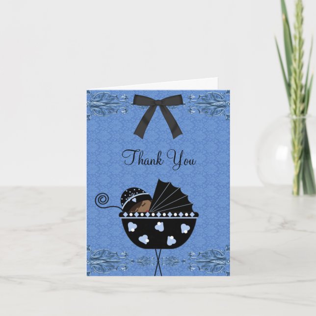 Black Blue Damask Baby Dusche Danke Karten (Vorderseite)
