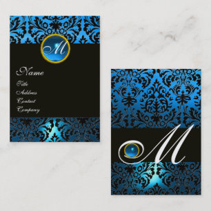 BLACK BLUE DAMASK FLORAL MONOGRAM Saphire Gem Visitenkarte