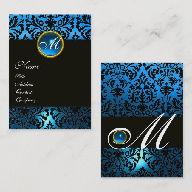 BLACK BLUE DAMASK FLORAL MONOGRAM Saphire Gem Visitenkarte (Vorne/Hinten)