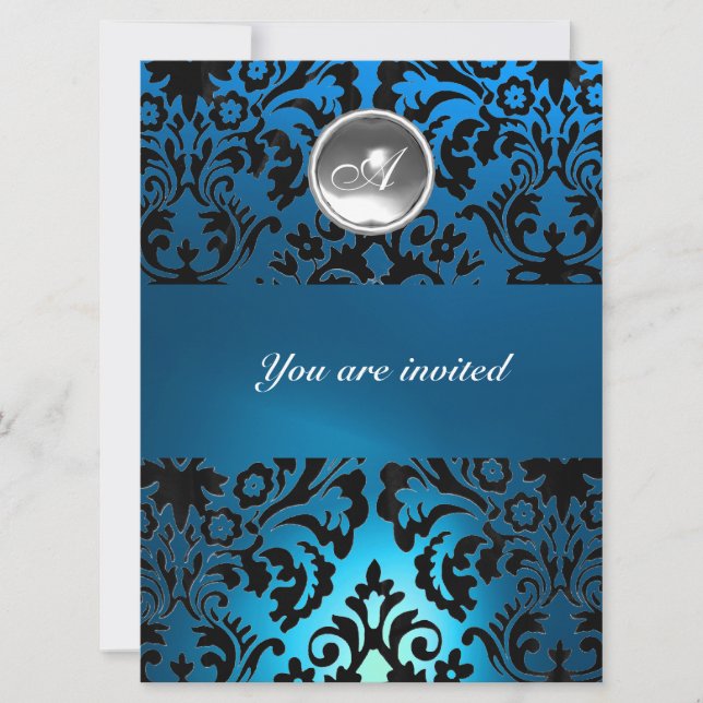BLACK & BLUE DAMASK GEM STONE MONOGRAMM weiß Einladung (Vorderseite)