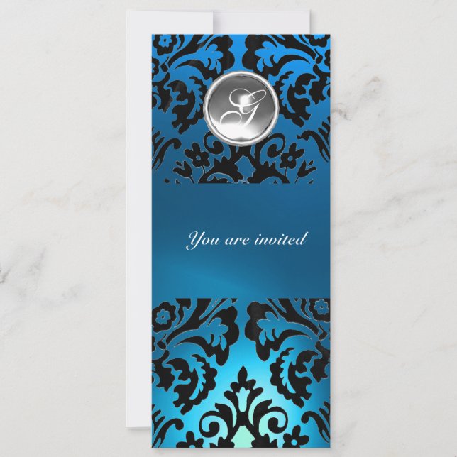 BLACK & BLUE DAMASK GEM STONE MONOGRAMM weiß Einladung (Vorderseite)