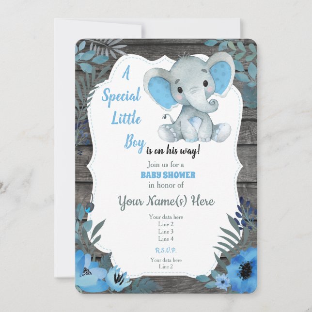 Black Blue Elephant Baby Shower Einladung (Vorderseite)