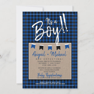 Black + Blue Es ist eine Karierte Baby-Dusche von Einladung