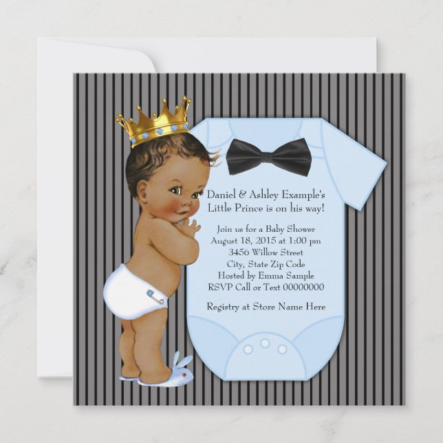 Black Blue Ethnic Prince Baby Dusche Gold Crown Einladung (Vorderseite)