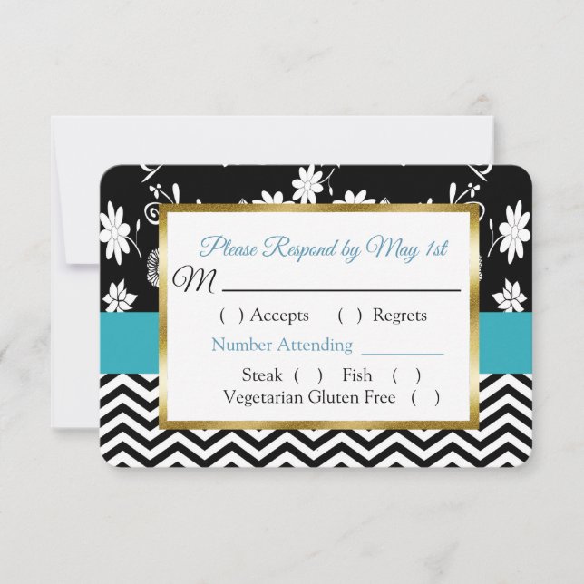 Black & Blue Floral Hearts Wedding RSVP Karte (Vorderseite)