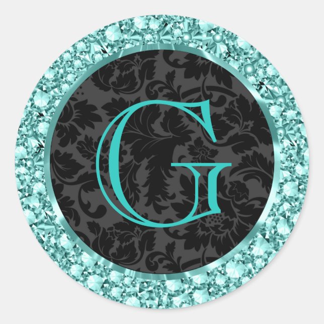 Black & Blue G Sparkling Diamonds Glitzer-Monogram Runder Aufkleber (Vorderseite)