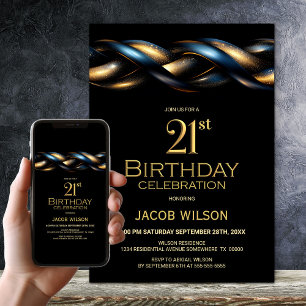 Black Blue Gold 21. Geburtstag Party Einladung
