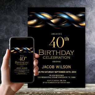 Black Blue Gold 40. Geburtstag Party Einladung