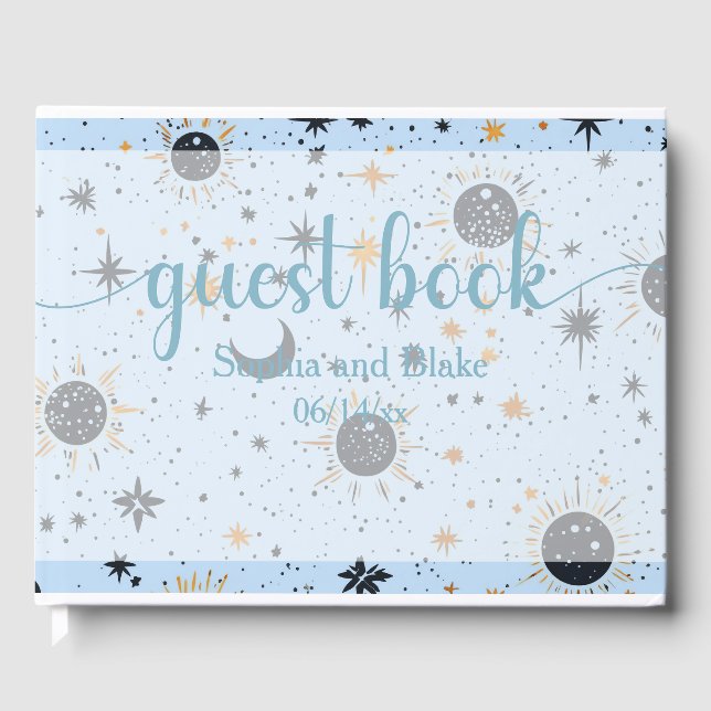 Black Blue Gold Celestial Sun Moon Stars Hochzeit Gästebuch (Vorderseite)