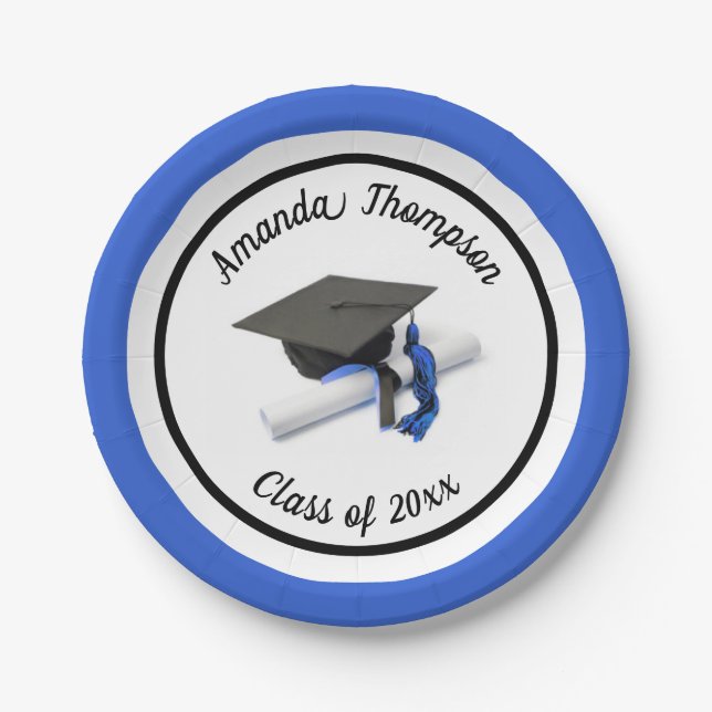 Black Blue Graduation Cap and Tassel | Benutzerdef Pappteller (Vorderseite)