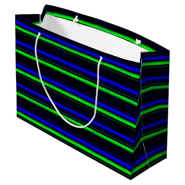 Black Blue Green Stripes Große Geschenktüte (Rückseite Schrägansicht)