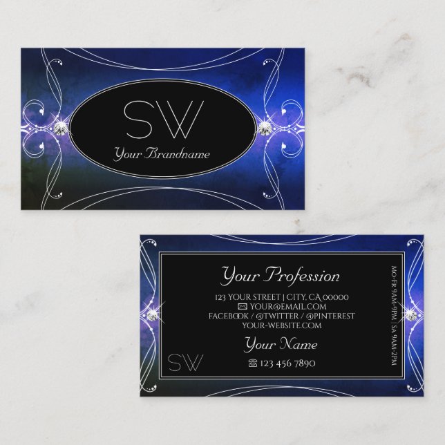 Black Blue Green Verziert Sparky Diamonds Monogram Visitenkarte (Vorne/Hinten)
