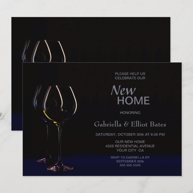 Black Blue Housewärming Wine Glass Party Einladung (Vorne/Hinten)