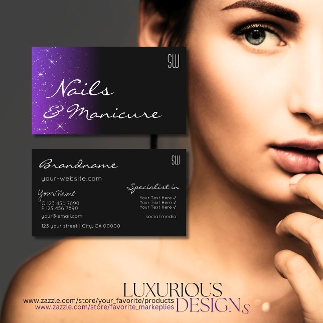 Black Blue Lila Glitzer Stars mit Monogram Chic Visitenkarte (Von Creator hochgeladen)